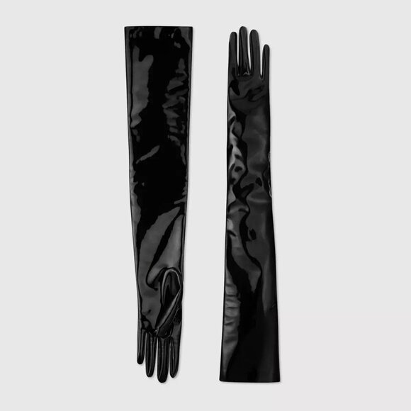 NEW GUCCI Long Gloves Black Kitts Patent Sz 7.5 M 100% Authentic - Picture 1 of 8